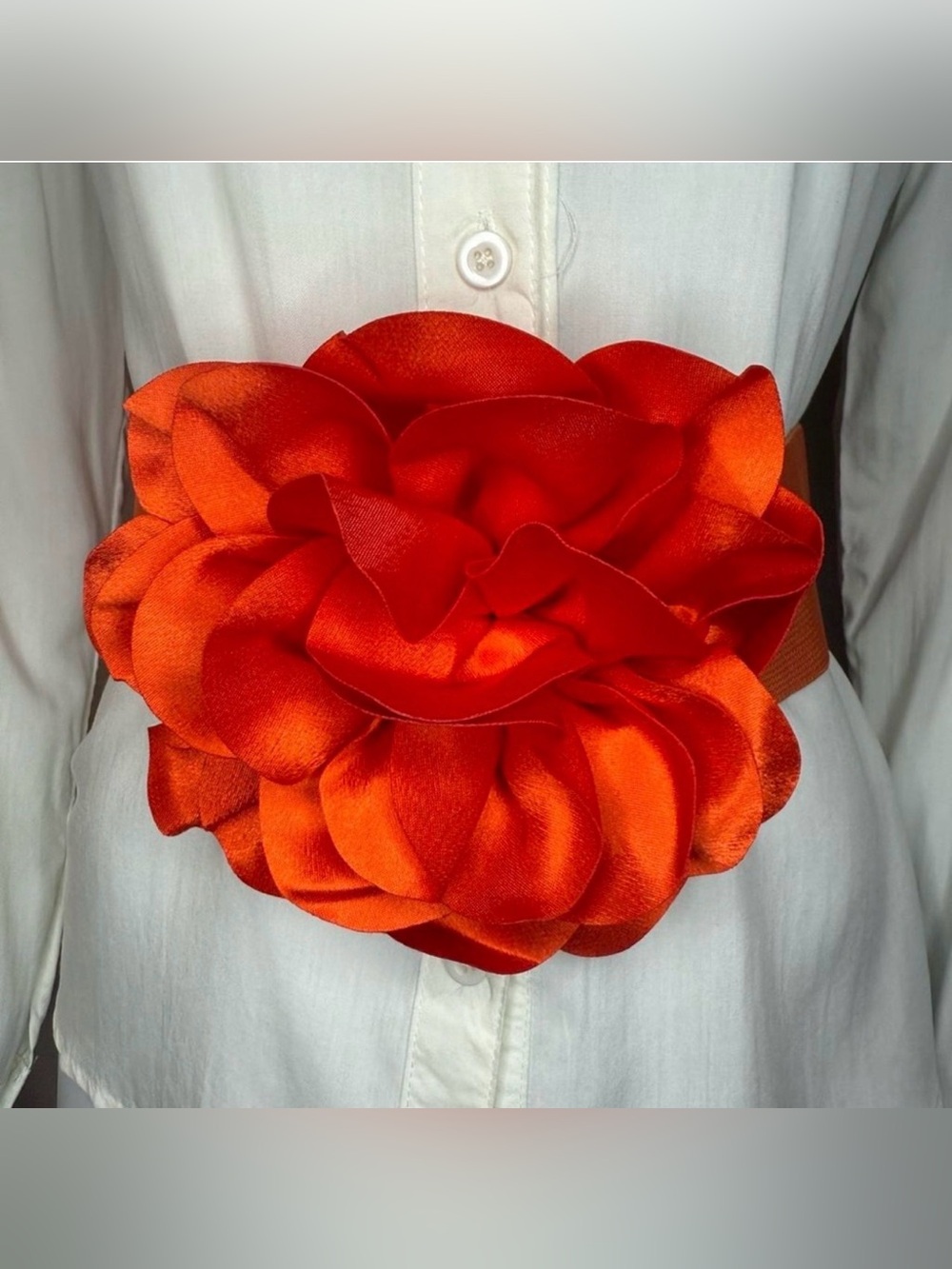 Orange statement satin flower wide elastic waistband belt